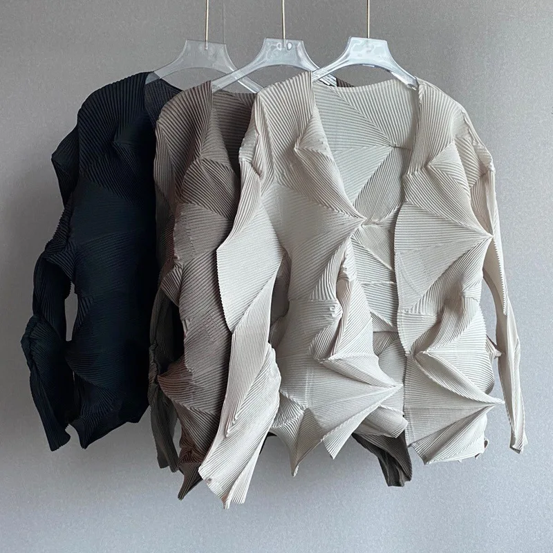 Miyake-Chaqueta de manga larga para mujer, cárdigan plisado, holgado, color liso, talla grande, moda urbana