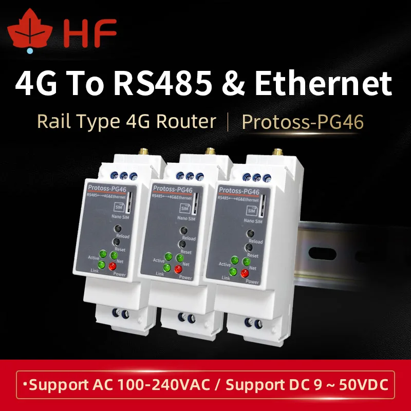 DIN-Rail Serial Port RS485 To 4G LTE-TDD LTE-FDD 3G WCDMA GSM RJ4 Ethernet Converter Server PG46 AC110V~220V DC Support Modbus