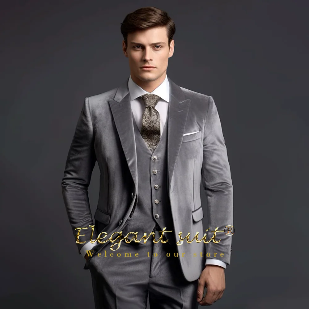 

Men's Slim Fit Velvet 3 Piece Suit - Grey, Wedding Formal Suit, Jacket Pants Vest, Tailored Elegant Menswear