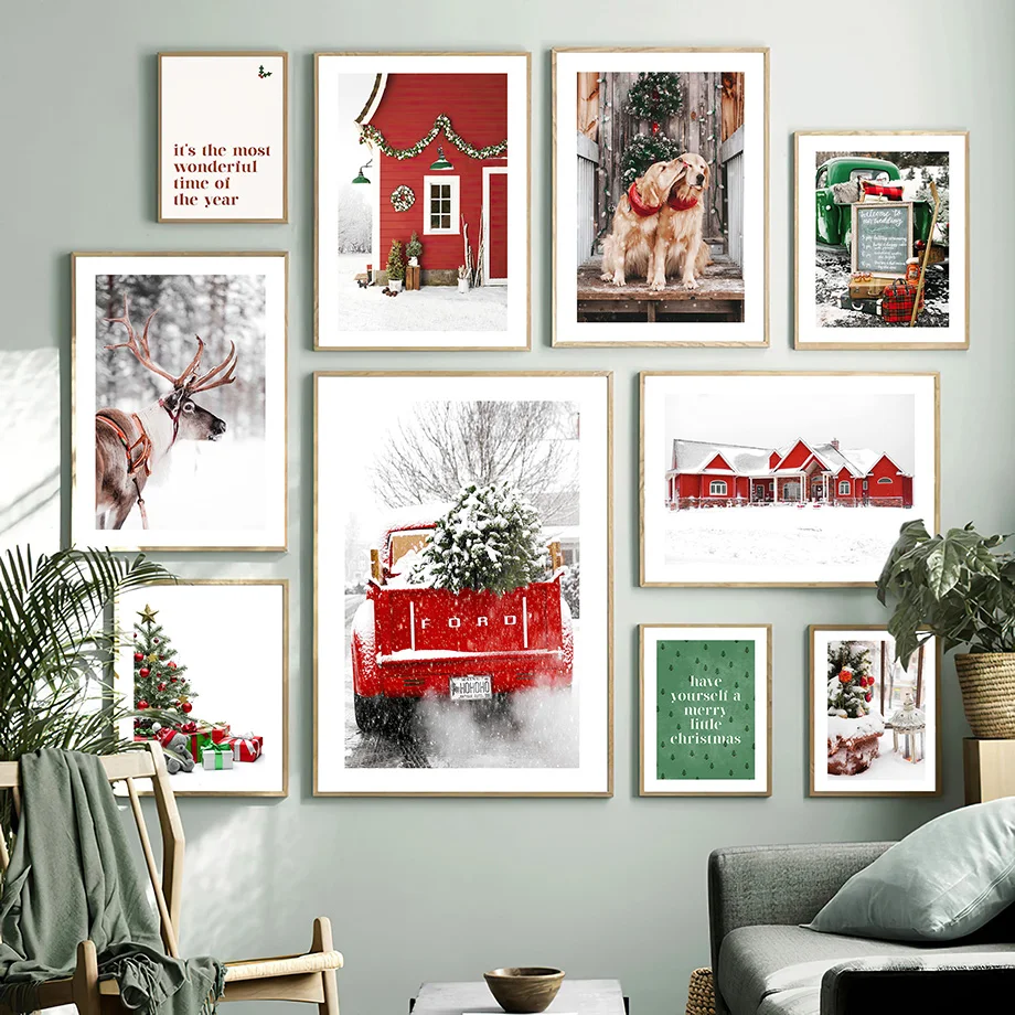 1pc frameless Canvas painting Christmas Tree Red House Car Reindeer Dog Winter Landscape Posters Prints Canvas Painting Wall