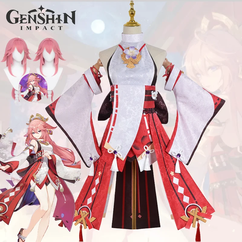 Yae Miko Cosplay Costume para Meninas, Genshin Impacto, Vestido de festa, Conjunto completo, Peruca, Fato de RPG, Uniforme de Halloween, Natal