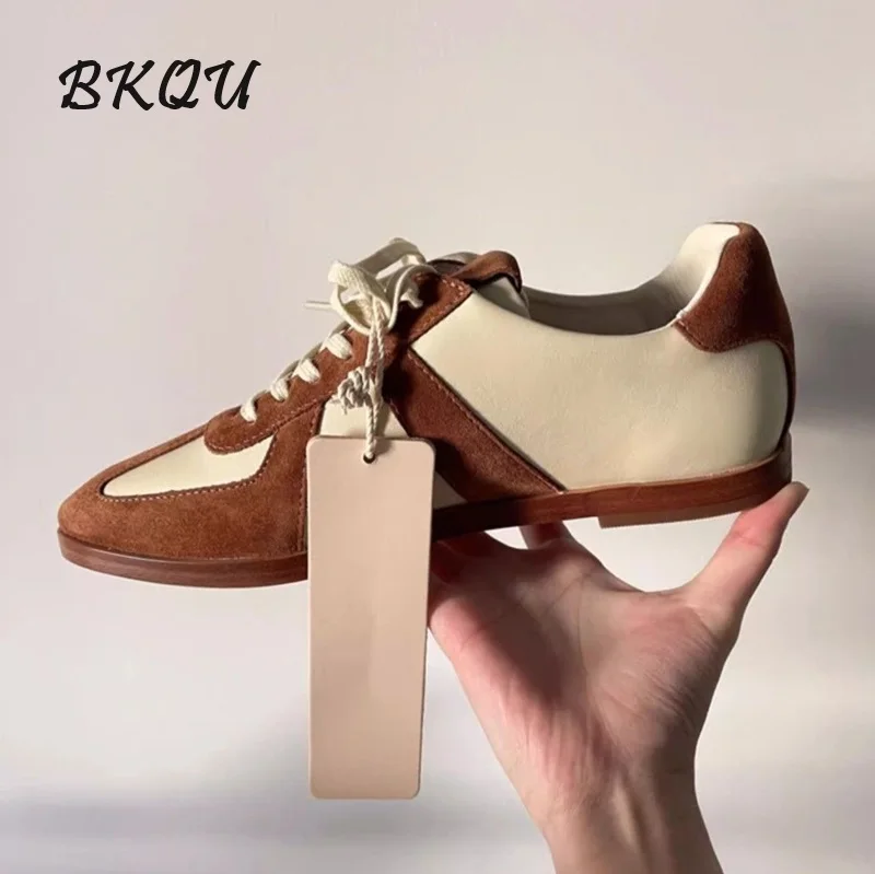 

BKQU Ladies Pointe De Training Shoes 2024 New Retro Casual Color Matching Lace-up All Korean Version Spliced Flat Shoes