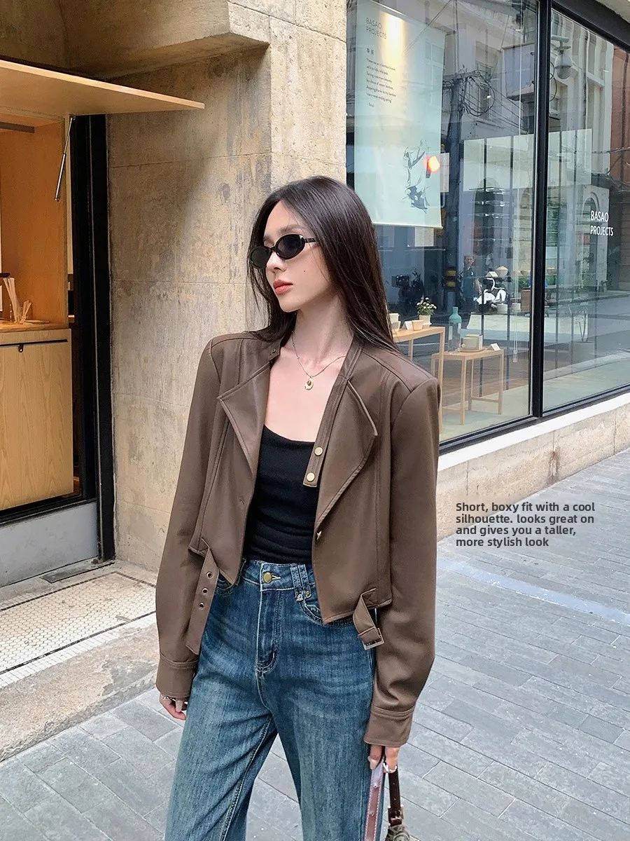 Slim Fit Bruin PU-leer Jaet Dames Lente Herfst Amerikaanse Sle ort Bikerjas V-Ne Button Decoration Commute Sle