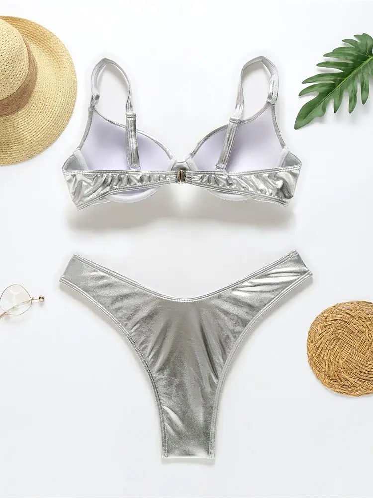 Sexy Metallic Brazilian Bikini Push Up Silver Golden Swimsuit Female Bathers Bandage Swimwear Women 2021 Summer Bathing Suit