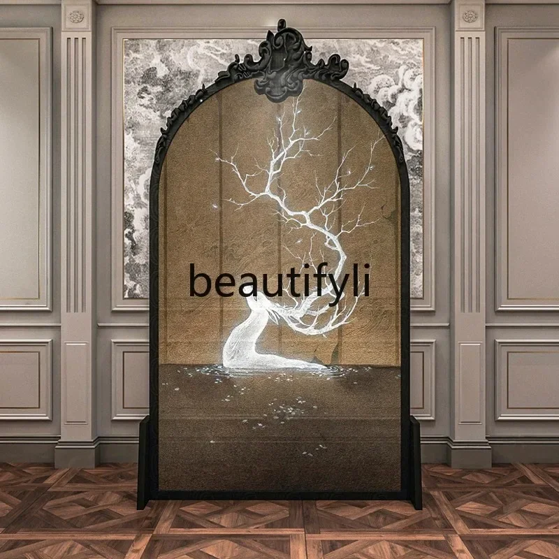 European simple solid wood carving flower screen partition living room study entrance hollow home decoration screen H