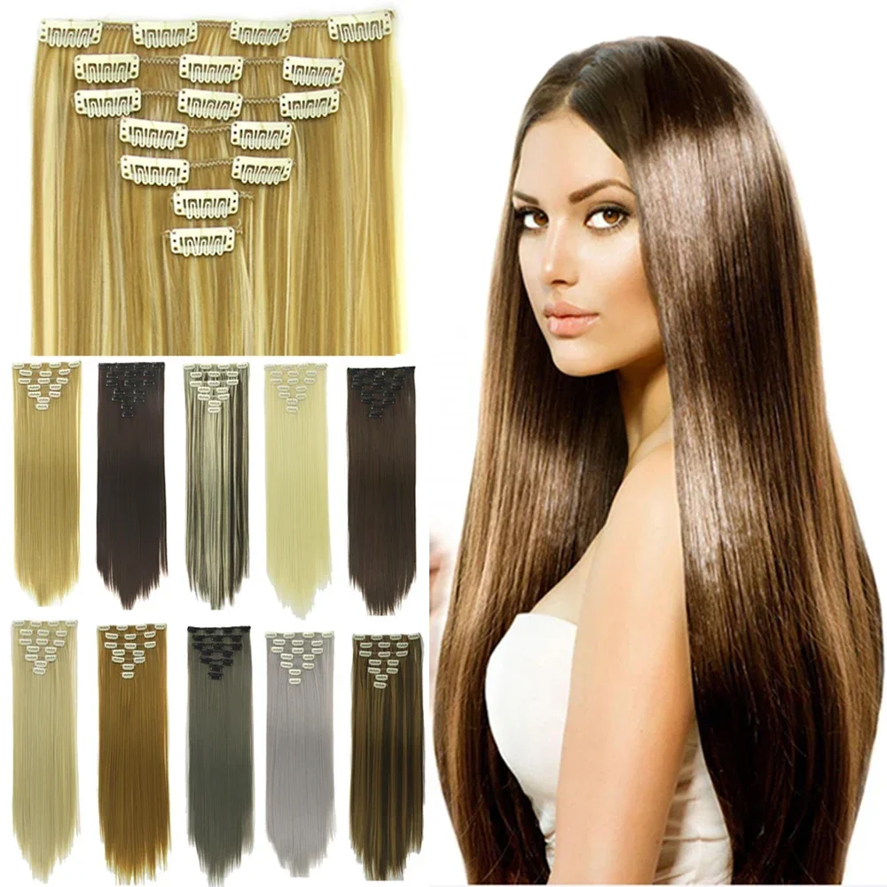 Straight Gray Blonde Hairpieces Synthetic Hair Extensions Clips Full Head Mega Cosplay Red Hair Accessories Headwear