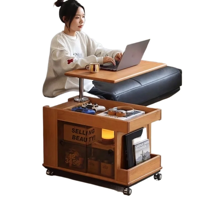 Cherry wood movable lifting coffee table, Japanese-style solid wood tea side cabinet