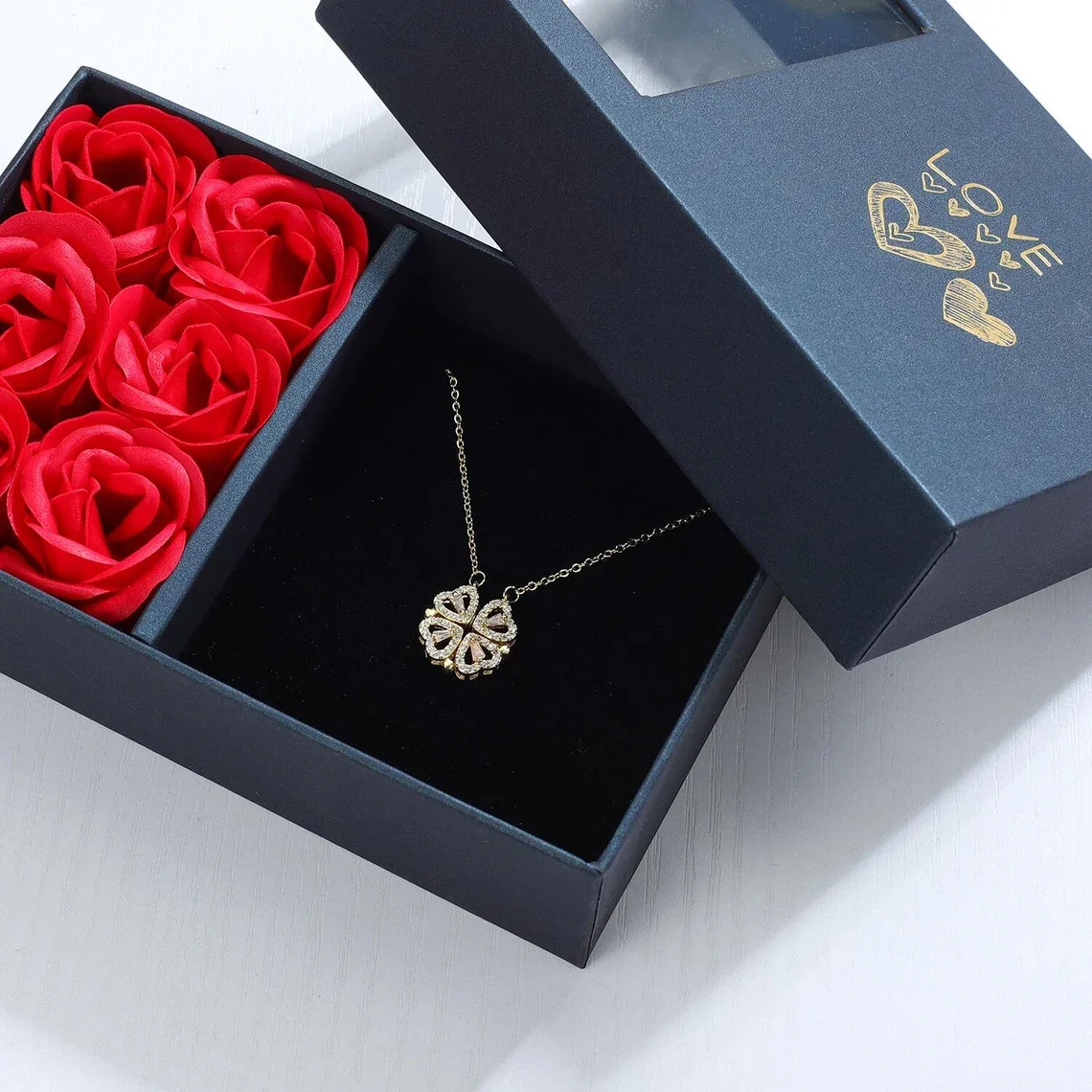 Point Drilling Four-leaf Grass Eternal Flower Gift Box Necklace 925 Silver Hollow Rose Everyday Jewelry Commemorative For Wife