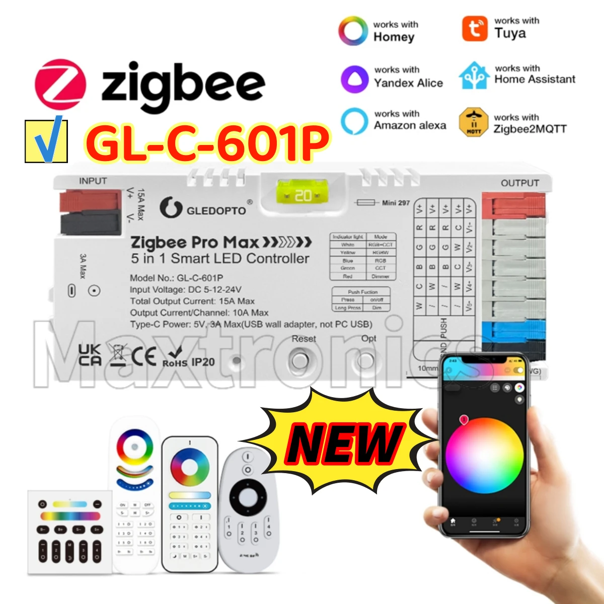 GL-C-601P 5 in 1 GLEDOPTO ZigBee 3.0 Pro LED Controller PWM Dimming Monochrome APP Voice Control for RGBCCT/RGBW/RGB/WW/CW Strip