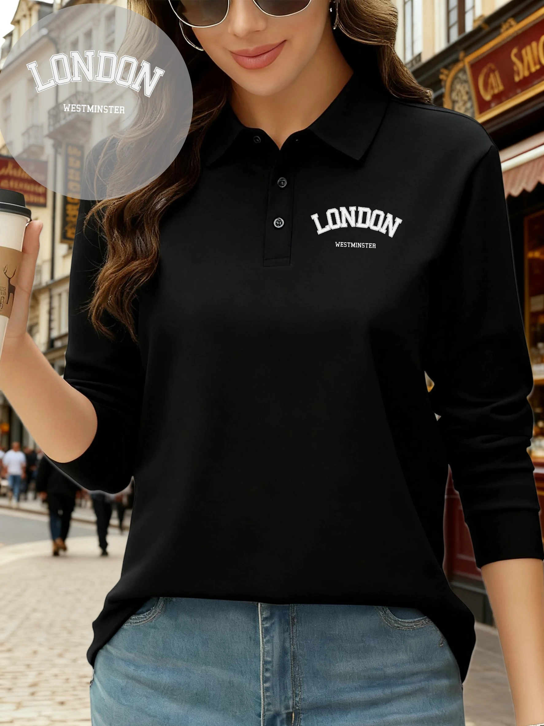 

London Westminster Printing Polo Shirt Women Autumn Lapel Clothing Fleece Business Unisex Streetwear All-Match Casual T-Shirts