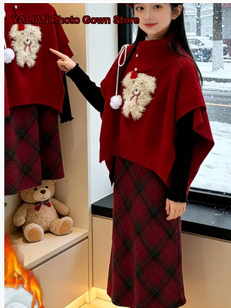 Girls Cloak Plaid Skirt Set 2025 Cartoon Print Knit Top Christmas Solid Color
