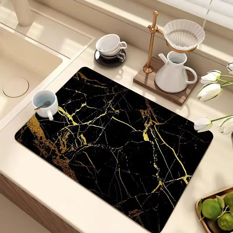 VIKAMA Gold Vein Fluid Marble Drying Mat Super Absorbent Anti Slip Heat Resistant Coffee Station Kitchen Counter Draining Pad