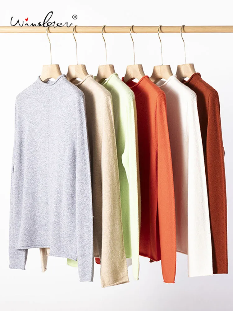 

Winsleter-100%Cashmere Elegant Sweater, Women Long Sleeve Mock Neck Solid, Basic Casual Thin Knit Sweater, 2025 Autumn T58333CC