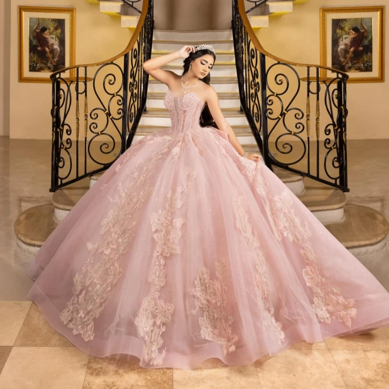

Pink Shiny Quinceanera Dresses Ball Gown Off The Shoulder Applique Lace Beads Bow Tull Party Birthday Sweet 16 Dress Vestidos 15