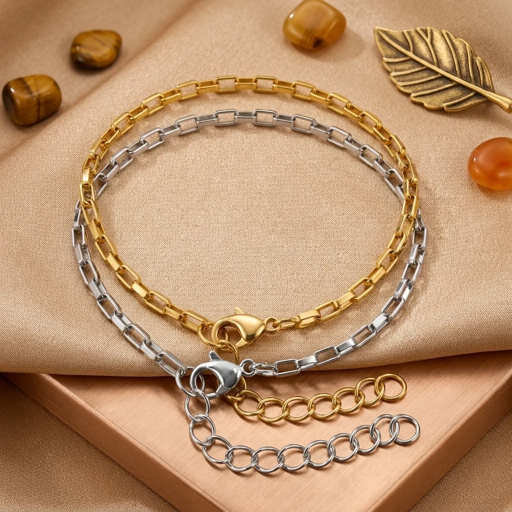 Box Chain Bracelet Stainless Steel Bracelets Silver Tiny Square Box Link Chains for Man Minimalist Adjustable Extension Chain
