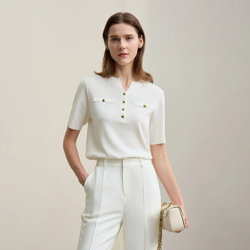 Women's Half-Placket Knit Sweater - Short Sleeve Pullover Top