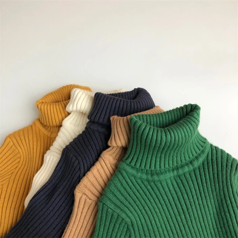 Autumn Winter Kids Girls Knitted Sweaters Basic Striped Thicken Pullover Turtleneck Boys Knitwear Tops Clothes