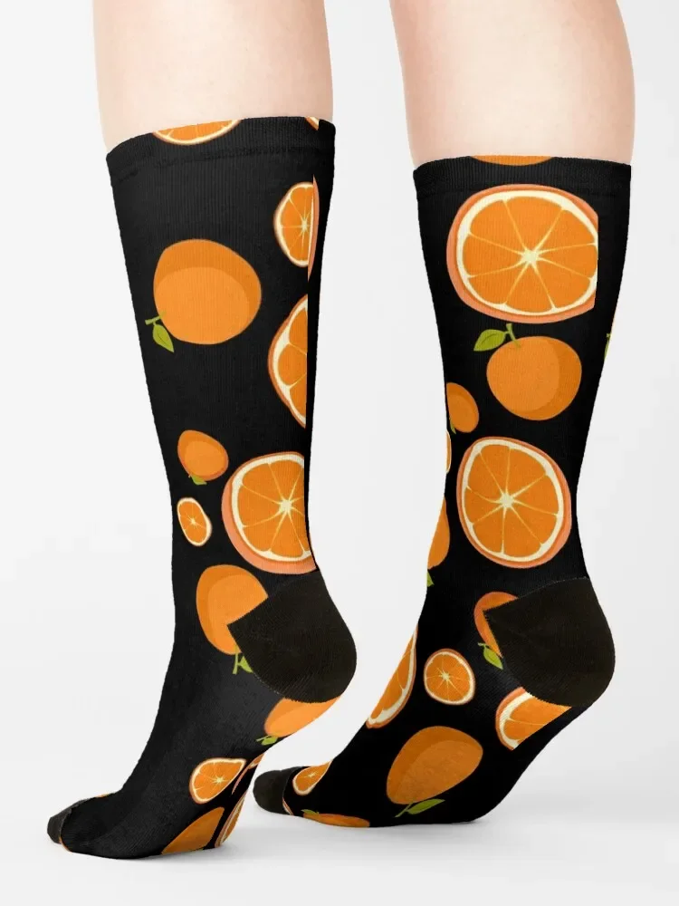 Oranges-Chaussettes de fond noir pour hommes et femmes, chaussettes de course drôles, cadeaux de Noël