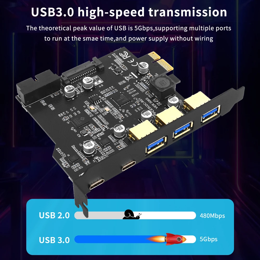 TISHRIC PCIE 1X To Type-C USB 3.0 Expansion Card PCIE3.0  USB Adapter Sata 15Pin 19Pin Power Socket Connector Dual Power Supply