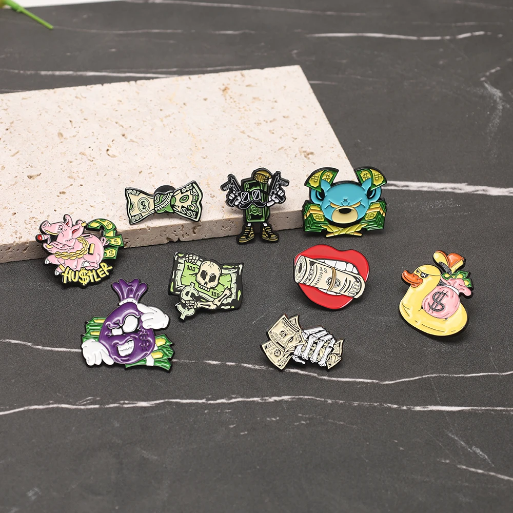 9 ピース/セットクリエイティブ面白いドル通貨エナメルブローチ漫画紙幣ピンジャケットバックパックバッジ装飾ジュエリー