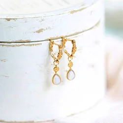 LAMOON 925 Silver Women Earring Hollow Pattern Water Drop Synthesis Opal S925 Drop Earring 14K Gold Plated Fine Jewelry LMEI094