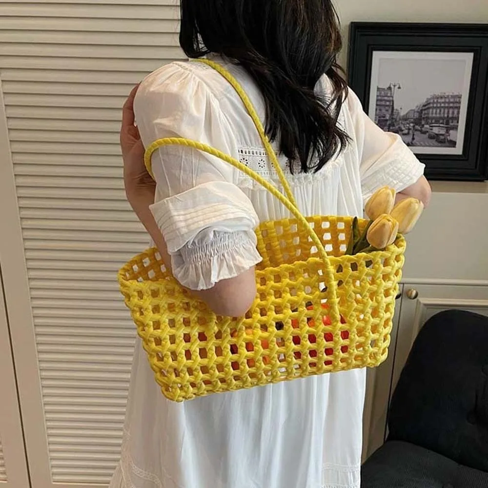 Lightweight Woven Basket Bag Large Capacity Vibrant Colors Hollow Out Tote Soft Handle Durable Weave Handmade Handbag