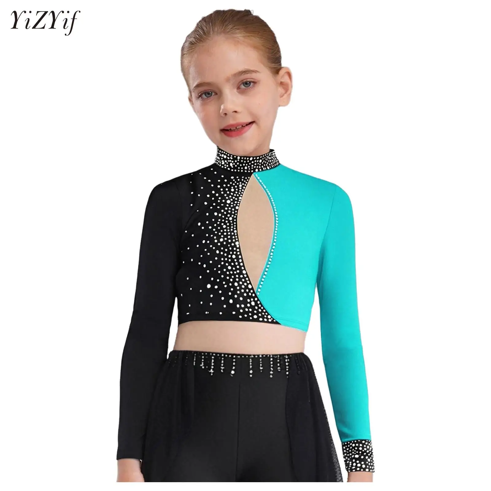 

Kids Girls Lyrical Dance Crop Top Figure Skating Costume Long Sleeve Color Block Rhinestones Ballet Yoga Training Dancewear