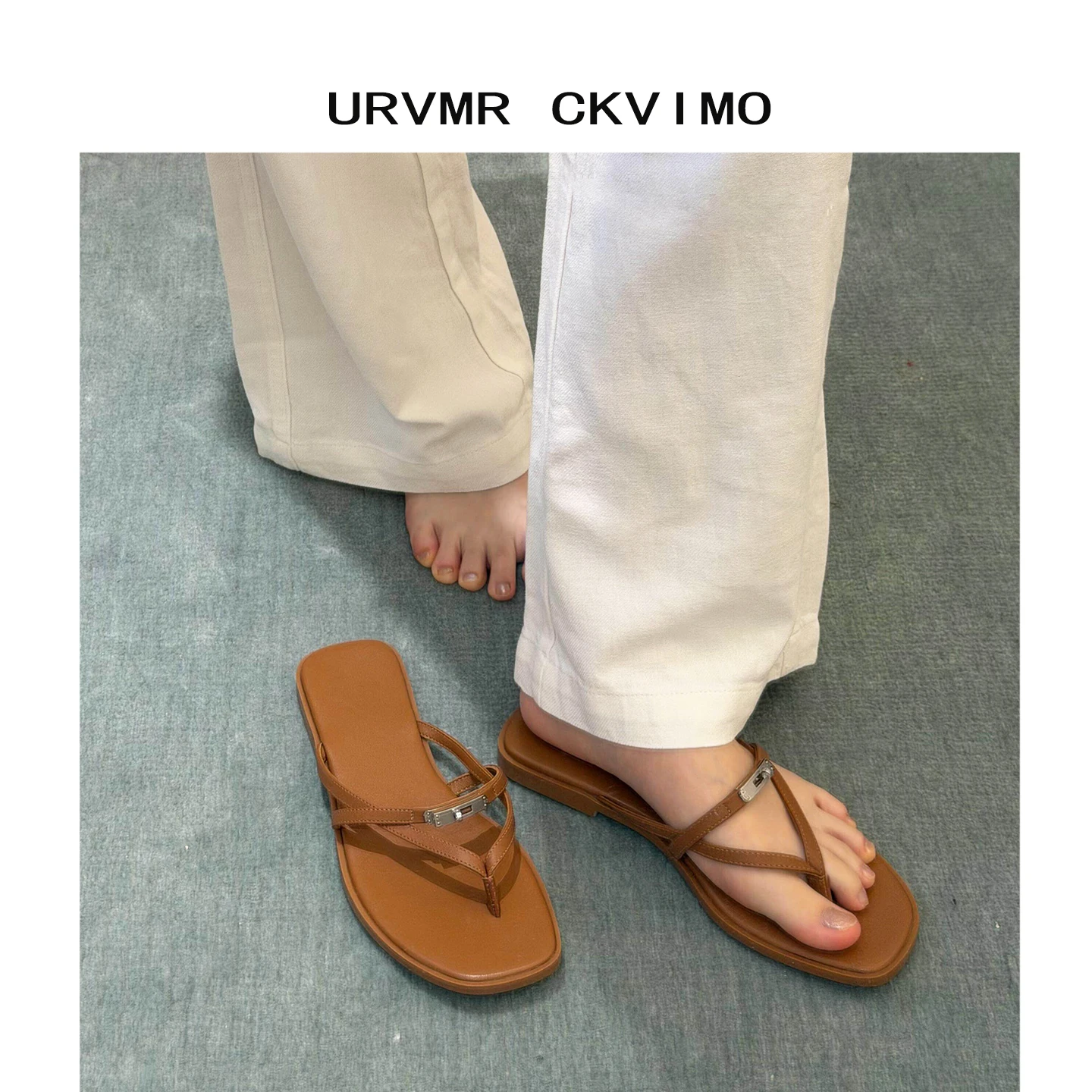 URVMR CKVIMO Women's Metal Lock Buckle Thong Slippers Summer Versatile Beach Vacation Flat Heel Rubber Bottom Clog Shoes