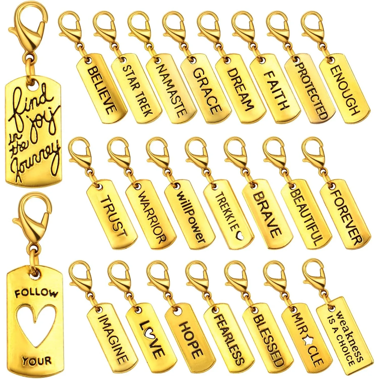 

24pcs Clip-on Inspiration Charms Engraved Motivational Word Dangle Pendant Charms with Lobster Clasp for DIY Jewelry Making