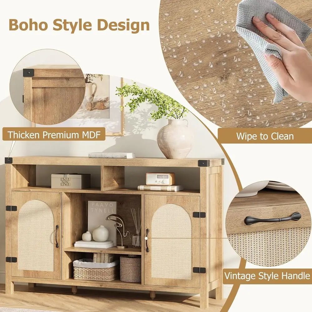 Mobile Bar in Rattan con Porta Scorrevole e Ripiani Regolabili per Cucina e Sala da Pranzo