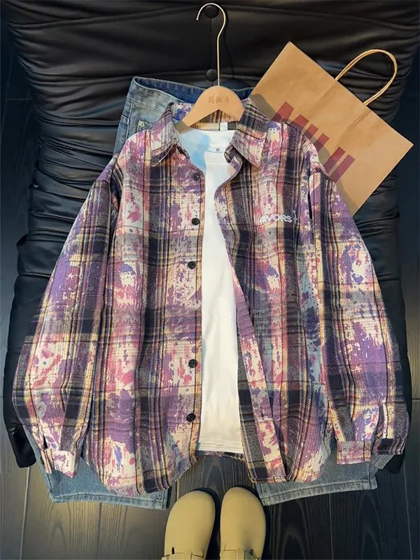 

Cleanfit Purple Plaid irt Men's Spring High-End Feeling Long Sve American Retro irt Jaet Loose Fit Youthful Trend