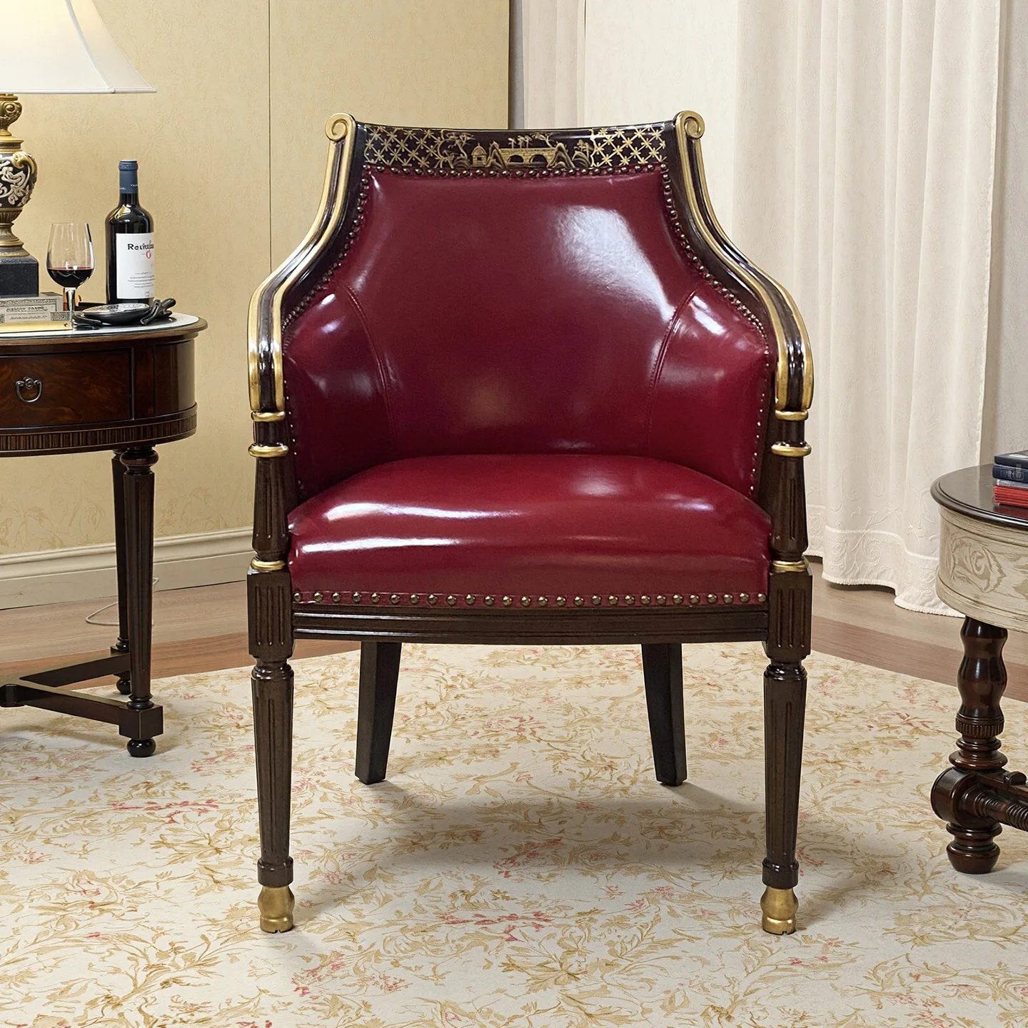 Leather lounge chair, neoclassical single sofa chair, light luxury solid wood study chair, home W218