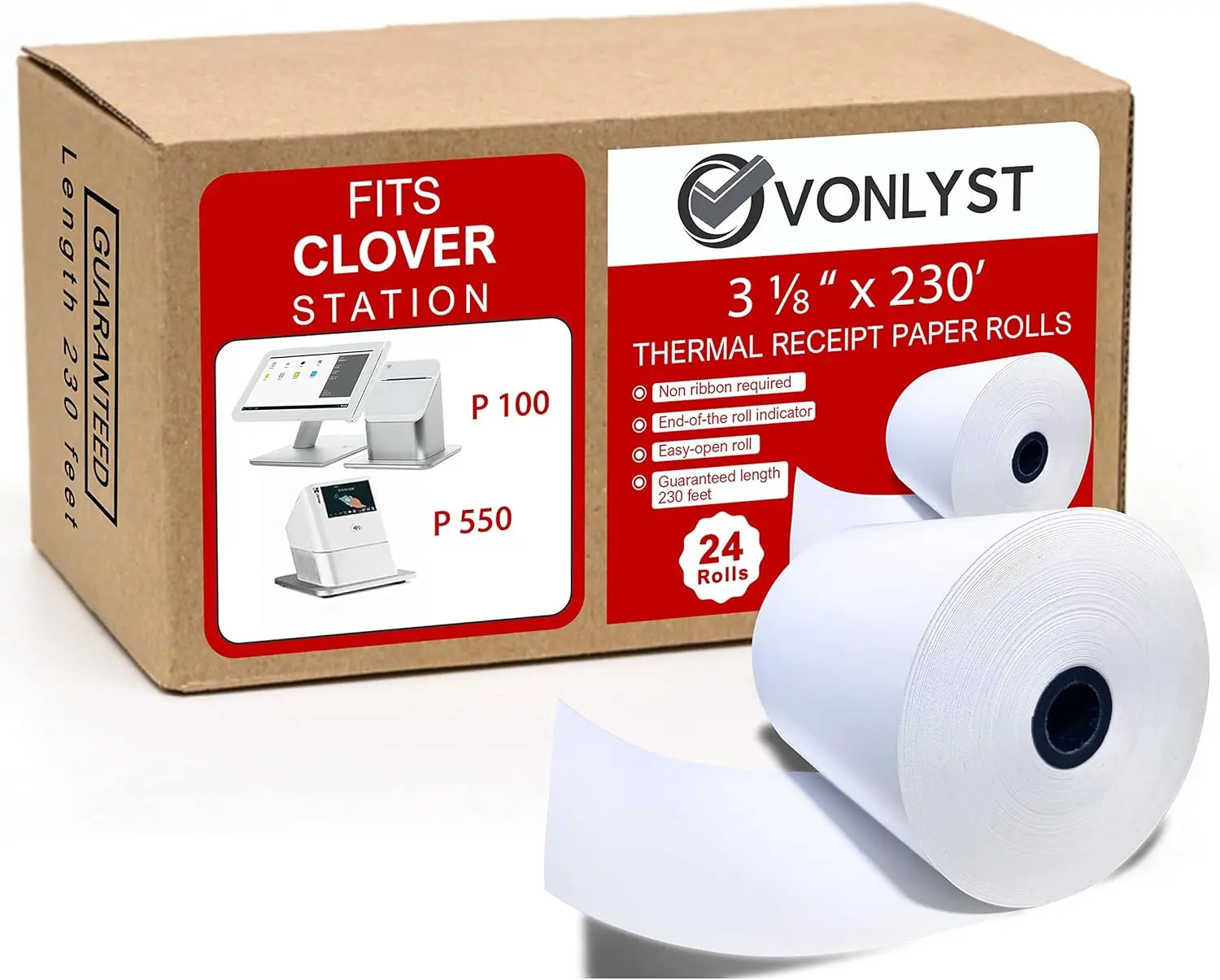 

3 1/8" x 230' Thermal Paper Rolls (24 Pack) – Compatible with Clover Station & Duo C505, BPA Free POS Printer Paper