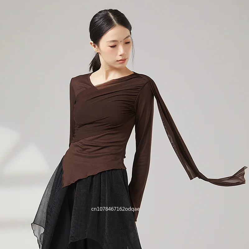 modern-dance-suit-top-women-flare-mesh-sleeve-flowy-tulle-splice-shirt-irregular-hem-daily-training-clothes-stage-yoga-chic-tee