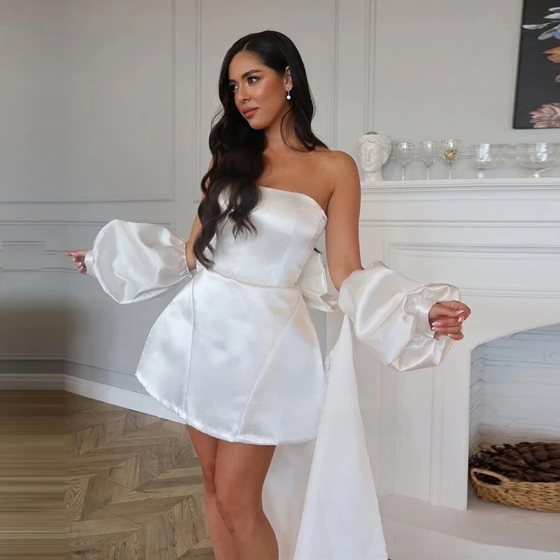 

2026 Strapless Lace Up A-Line Wedding Dress Robes De Mariée With Bow Gorgeous Short Puff Sleeves Shawl Above Knee Bridal Gowns