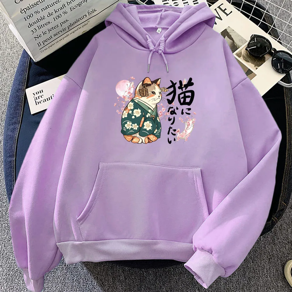 Ukiyoe Style Kanji Cat Printing Hoodies Japanese Blossom Sakura Graphic Sweatshirts Casual Women/Men Clothing Cartoon Pullovers