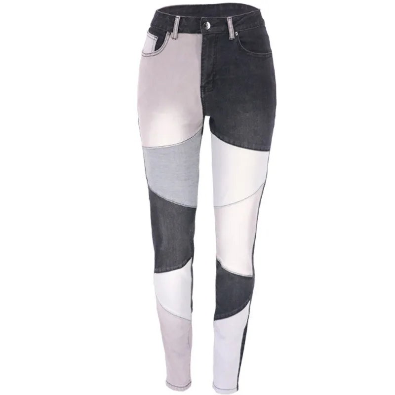 Plus Size Women's Jeans High Waist Denim Pants Patchwork Slim Fit Full Length Black And Grey Skinny Jeans with Contrast Woman view 2