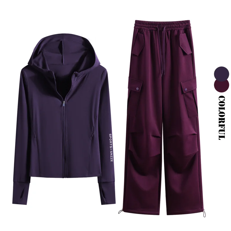 DRUR Christmas New Year Hoodie Yoga Set With Long Sleeve Sports Top and Cargo Pants 2 Piece Gym Tracksuit Outfits with Pockets