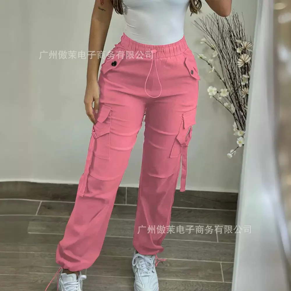 Pocket Design Drawstring Cuffed Pants Summer High Tight Waist Women Straight Long Trousers Button Slim Fit New 2023 Y2k Capris