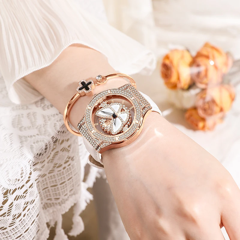 ROMITIME Watches for Woman Butterfly Motif Rotating Dial Calfskin Strap Quartz Waterproof Fashion Ladies' Wristwatch for Gifts