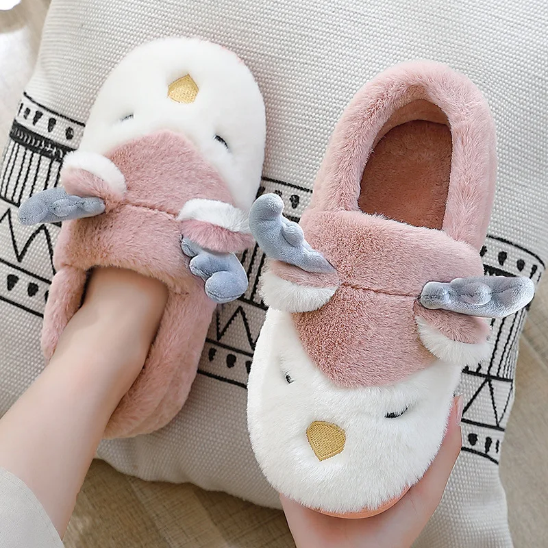 

Cute antlers cartoon cotton slippers bag heel winter household fluffy slippers women's plush men's home cotton shoes