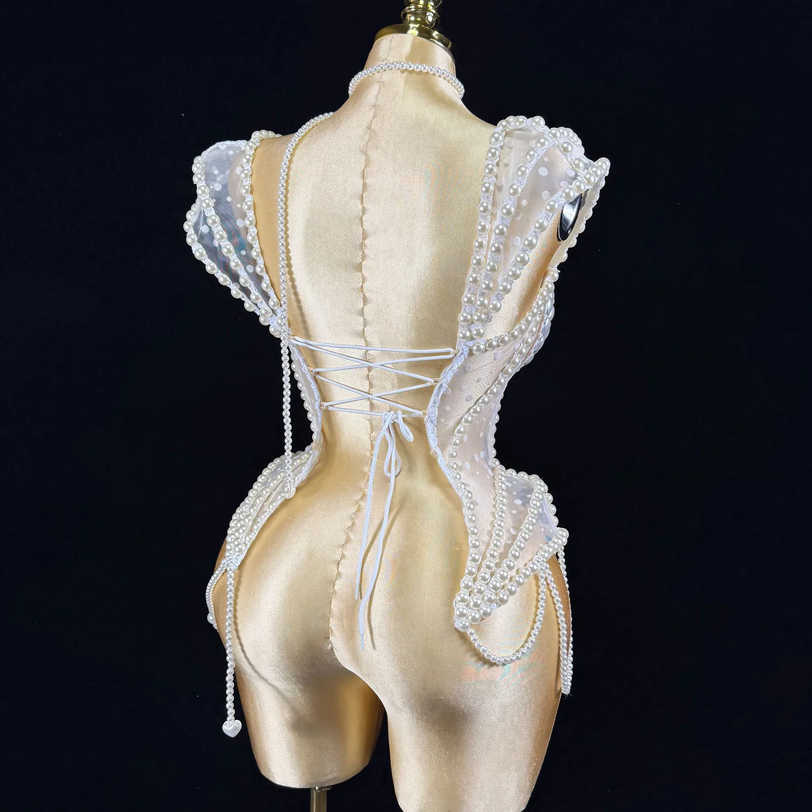 NEW GOGO White Pearl Show Girl Stage Sexy Women Nightclub Party Birthday Crop Tops Wear Singer Performance Drag Queen Costumes