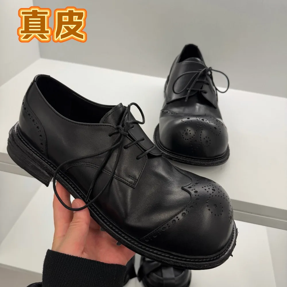 Fashion Genuine Leather Black Round-Toe Lace-Up Derby Shoes Chunky Sole carving Business Shoes ﻿Men's Low-Heel Brogue Shoes