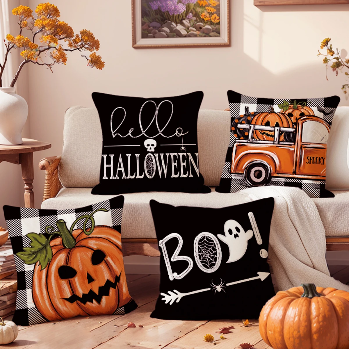 4pcs Halloween Linen Cushion Cover Trick or Treat Party Supplies Pumpkin Ghost Pillowcase Halloween Party Decorations For Home