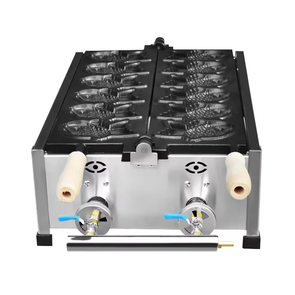 Máquina Taiyaki para hacer gofres de pescado, máquina de conos de pescado, equipo de aperitivos y helado de Gas con sartén antiadherente comercial, 6 uds.
