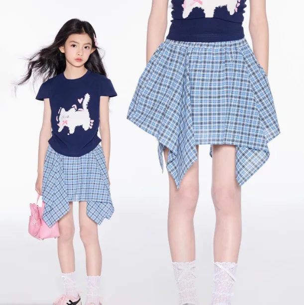Teenage Girls Skirt Blue White Check Asymmetrical Casual Short Skirt Cotton Soft Breathable Stylish Versatile Kids Plaid Skirt