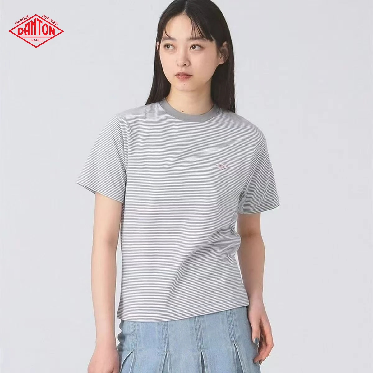 DANTON Women's Striped Crew‑Neck Short‑Sleeve T‑Shirt, Contrast‑Color Collar With Red Logo Label, Casual Summer Top