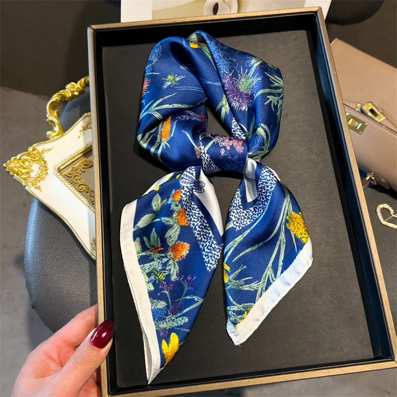 70*70cm Luxury Floral Square Scarf For Women Elegant Ladies Hijab Neckerchief Shawl Solid Soft Stain Silk Scarves For Travel image 5