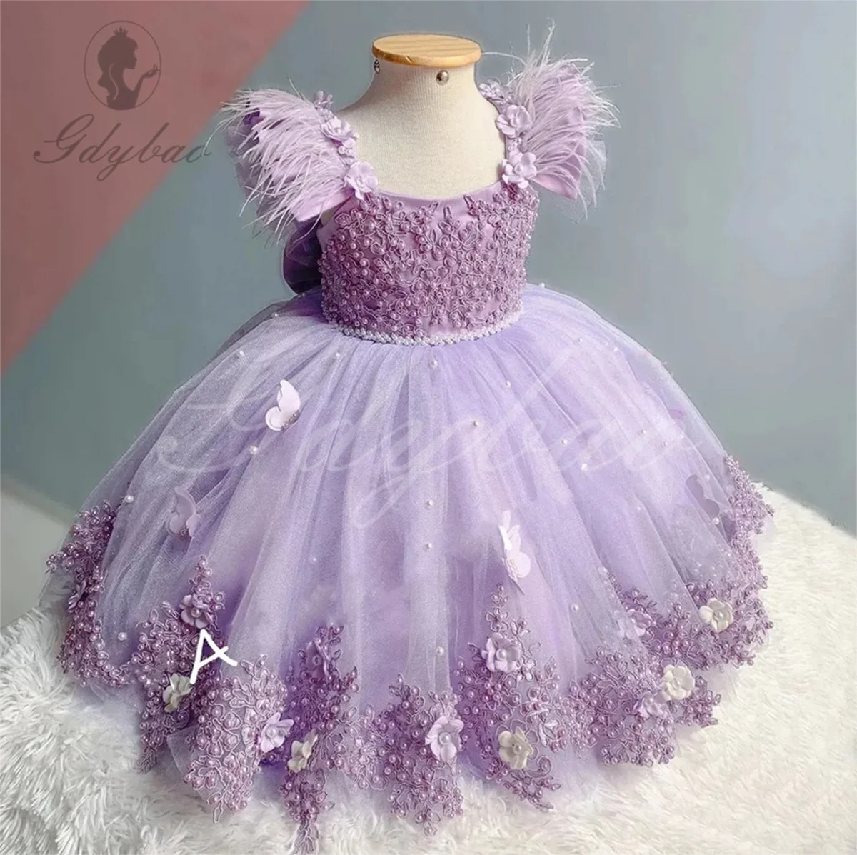 Pearl Baby Kids Tulle Birthday Party Flower Girl Feather Dresses Long Butterflies Pearl Pageant Bow Communion Gown