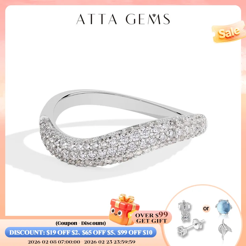 

ATTAGEMS Sparkling Full D Color Moissanite Ring for Women VVS1 Lab Diamond Wavy Band S925 Sterling Silver Stackable Wedding Gift
